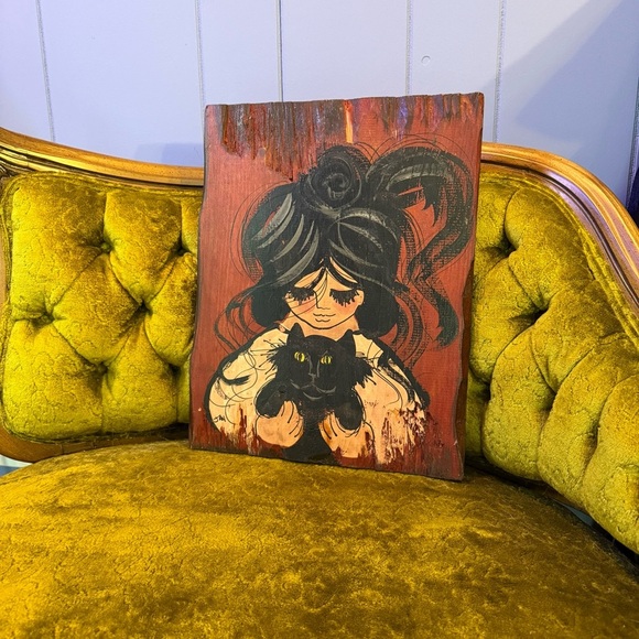 Vintage 60s/70s Jan McPherson Original Goth Girl Painting on Wood - Picture 9 of 9